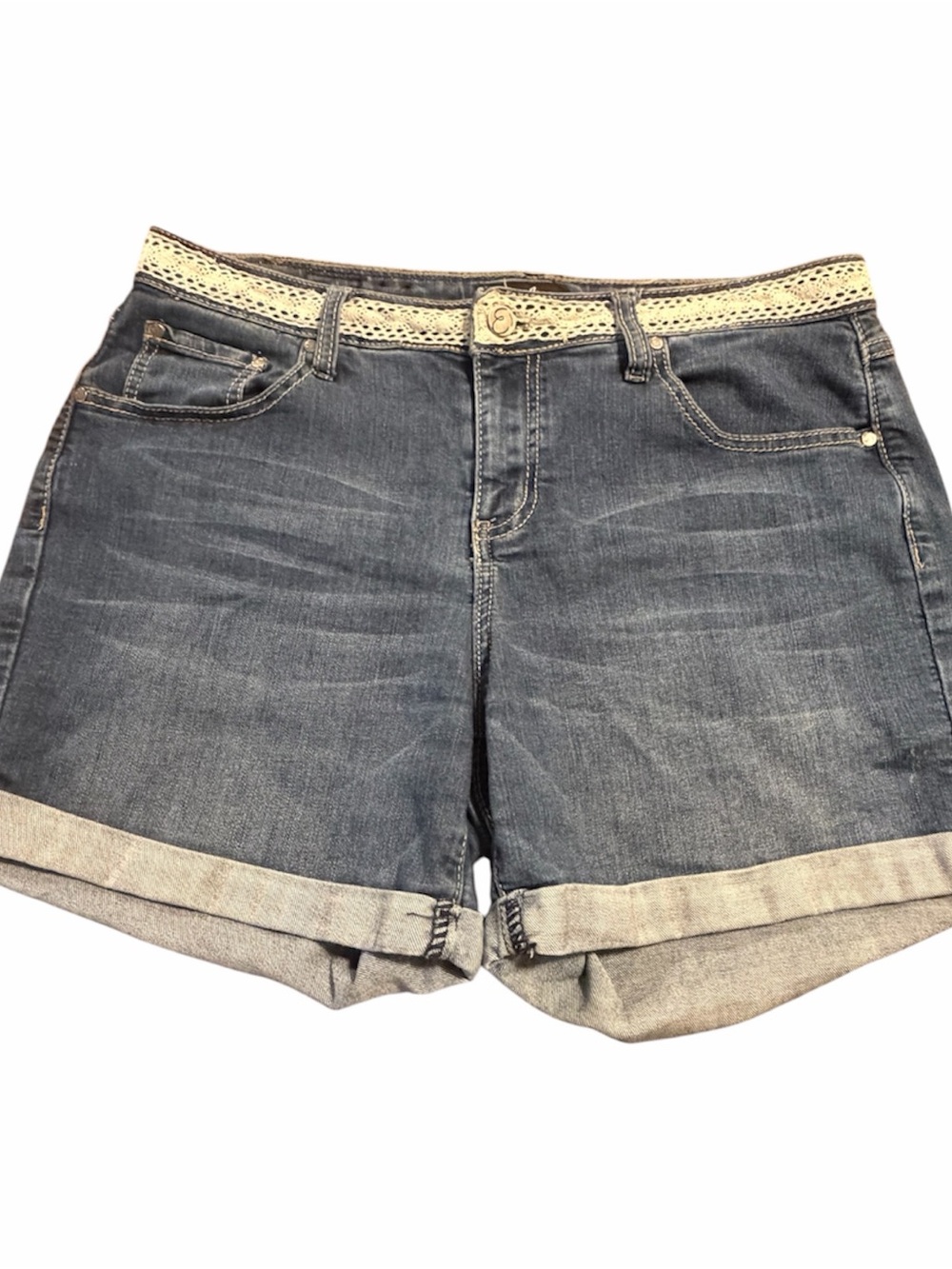 Earl Jeans Dark Blue Denim Rolled Cuff Shorts with Crochet Waistband